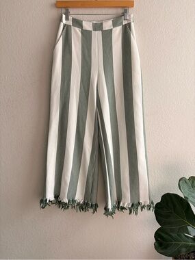 English Factory Stripe Fringe Hem Wide Leg Crop Pants Green White Sz S
